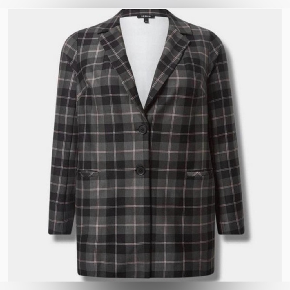 Torrid Lightweight Ponte Longline Plaid Black Gray Blazer Jacket Size 1 - Picture 3 of 7